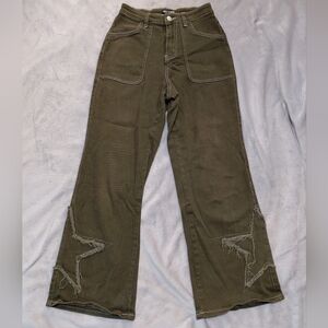 Hot Topic Grunge Olive Green Straight Leg High Waisted Pants Distress Star Sz. 3